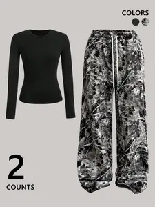 Women's Tree Print Graphic Pants & Long Sleeve Short Top Two-Piece Set , Slim-Fit Fitted Streetwear, Casual Fashion Trend Outfit
