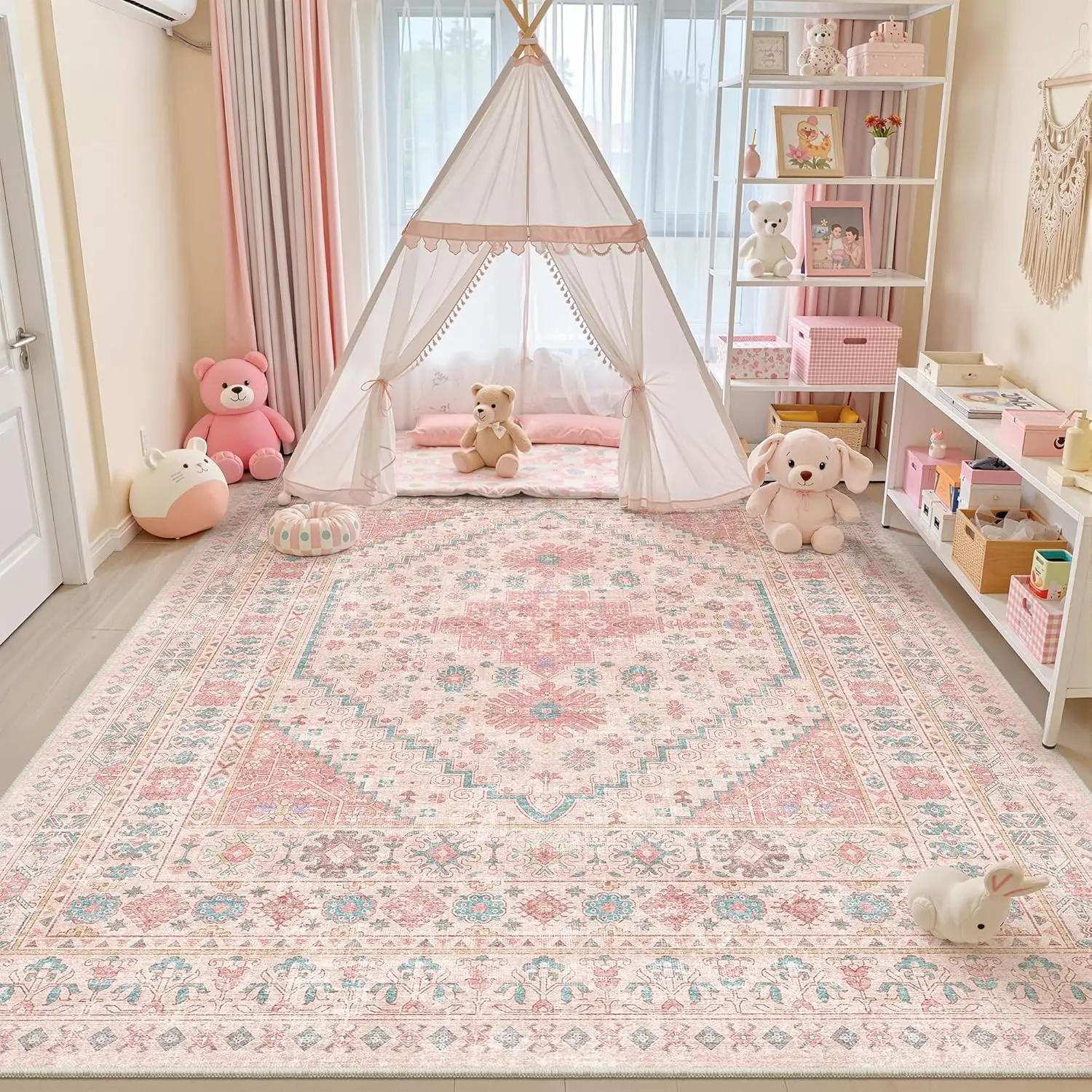 ComiComi Decorative Rugs for Bedroom, Non-Slip Backing Machine Washable Vintage Bohemian Geometric Pattern Large Pink Stain-Resistant Soft Indoor Rug for Kids Nursery Dorm, Decorative Rug