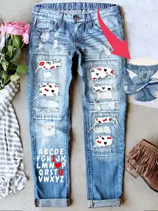 Women's Patch Ripped Distressed Mid-Waist Boyfriend Fit Washed Cute Print Loose Denim Jeans Elastic Waistband Breathable Comfy for All Seasons