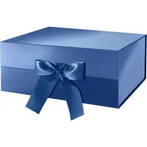 HAPPY POTATO Gift Box with Lid and Ribbon 9x6.5x3.8 Inches, Groomsman Proposal Box, Magnetic Blue Gift Box for Presents (Glossy Blue)
