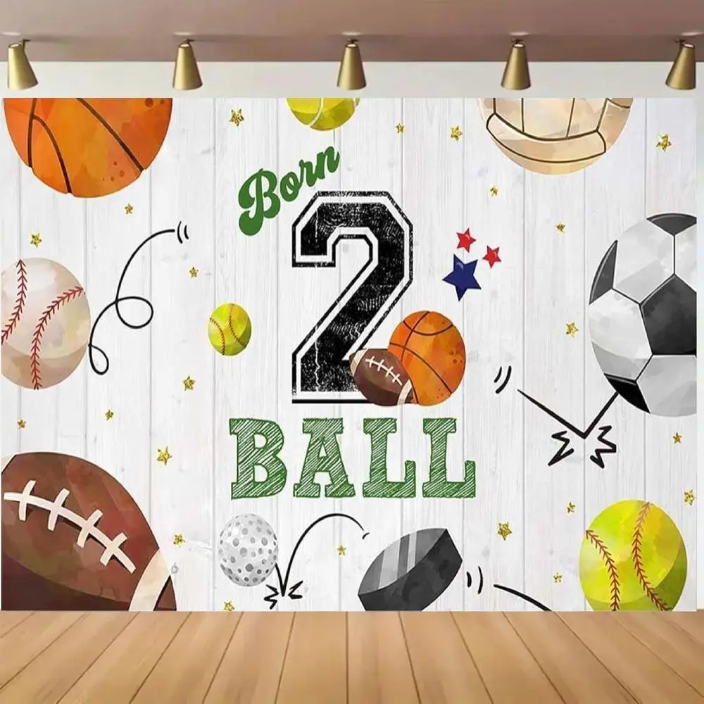 1pc 2D Flat T/ft Happy Second Birthday Background Football Tennis Baseball rugby designed for sports-themed birthday party background banner Cake table decoration banner Portrait