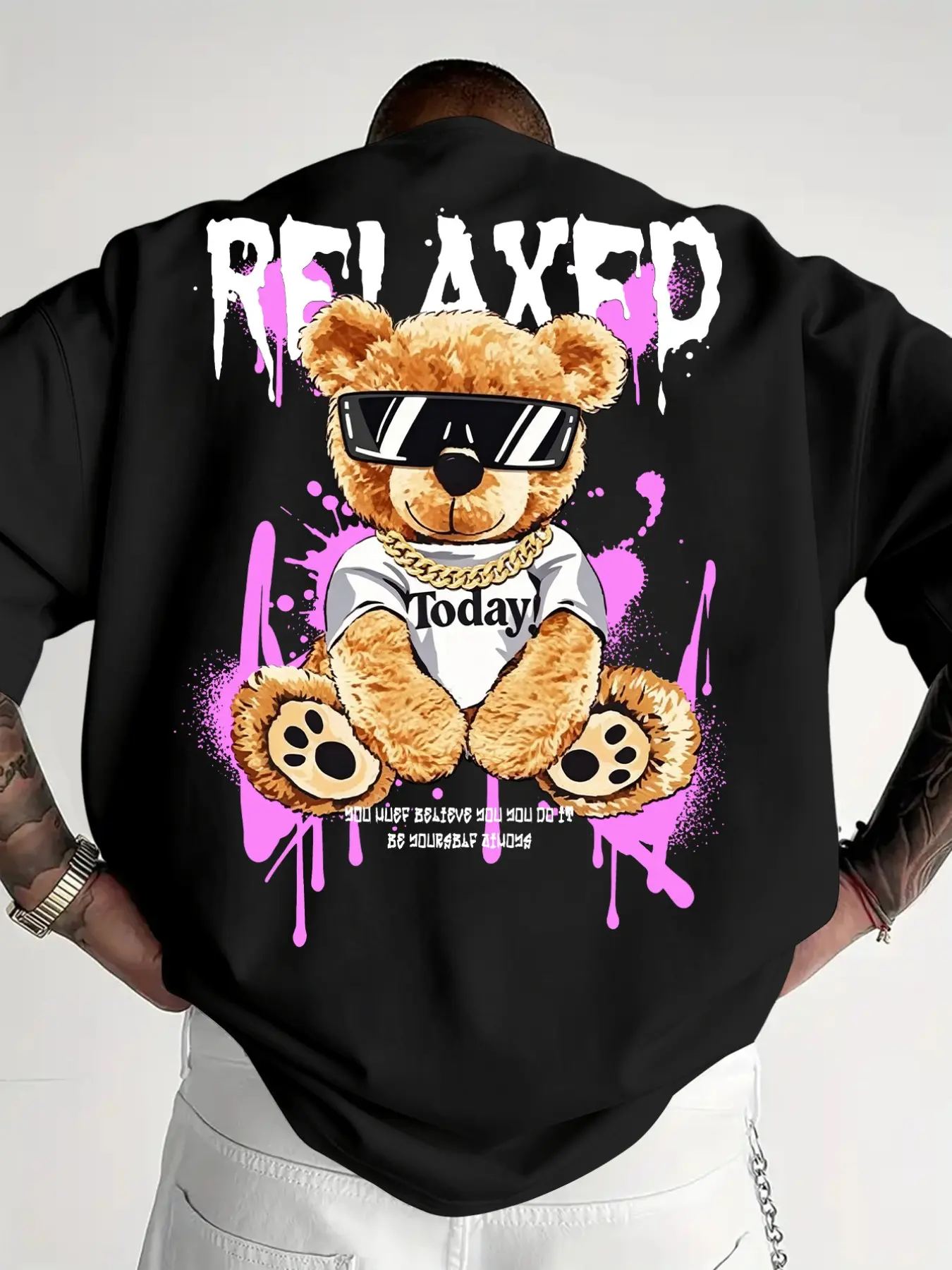 Men's Street Style Teddy Bear Print T-Shirt, Streetwear, Baggy Loose-Fitting Long Sleeve, Breathable and Casual, Perfect for Daily Wear