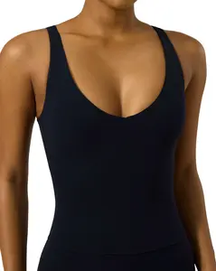 PAVOI ACTIVE Sports V Neck Tank Top for Women - High Hip Length Tank with Low V Front Neck & Back - Mid Support Workout Tight Tank with Shelf Bra - FlexFlow
