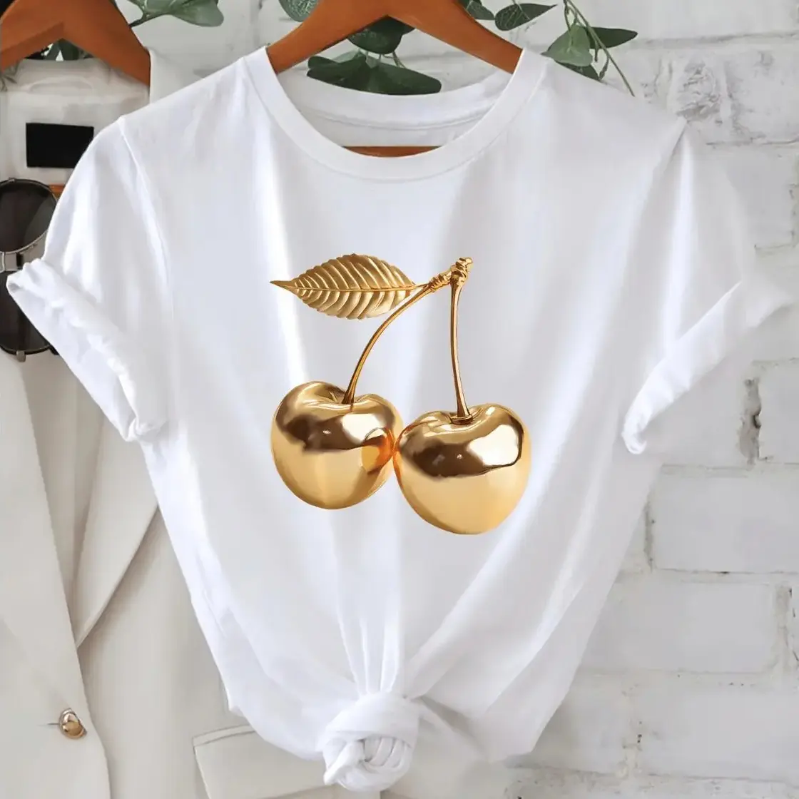 2026 Spring/Summer New Women'S Crew Neck Golden Cherry Print Casual T-Shirt |   Fashionable Cool Short Sleeve for Summer