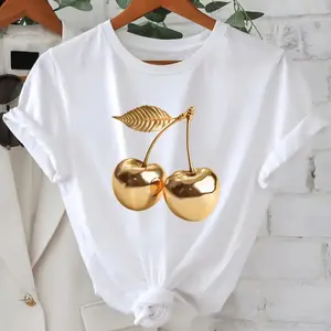 2026 Spring/Summer New Women'S Crew Neck Golden Cherry Print Casual T-Shirt |   Fashionable Cool Short Sleeve for Summer