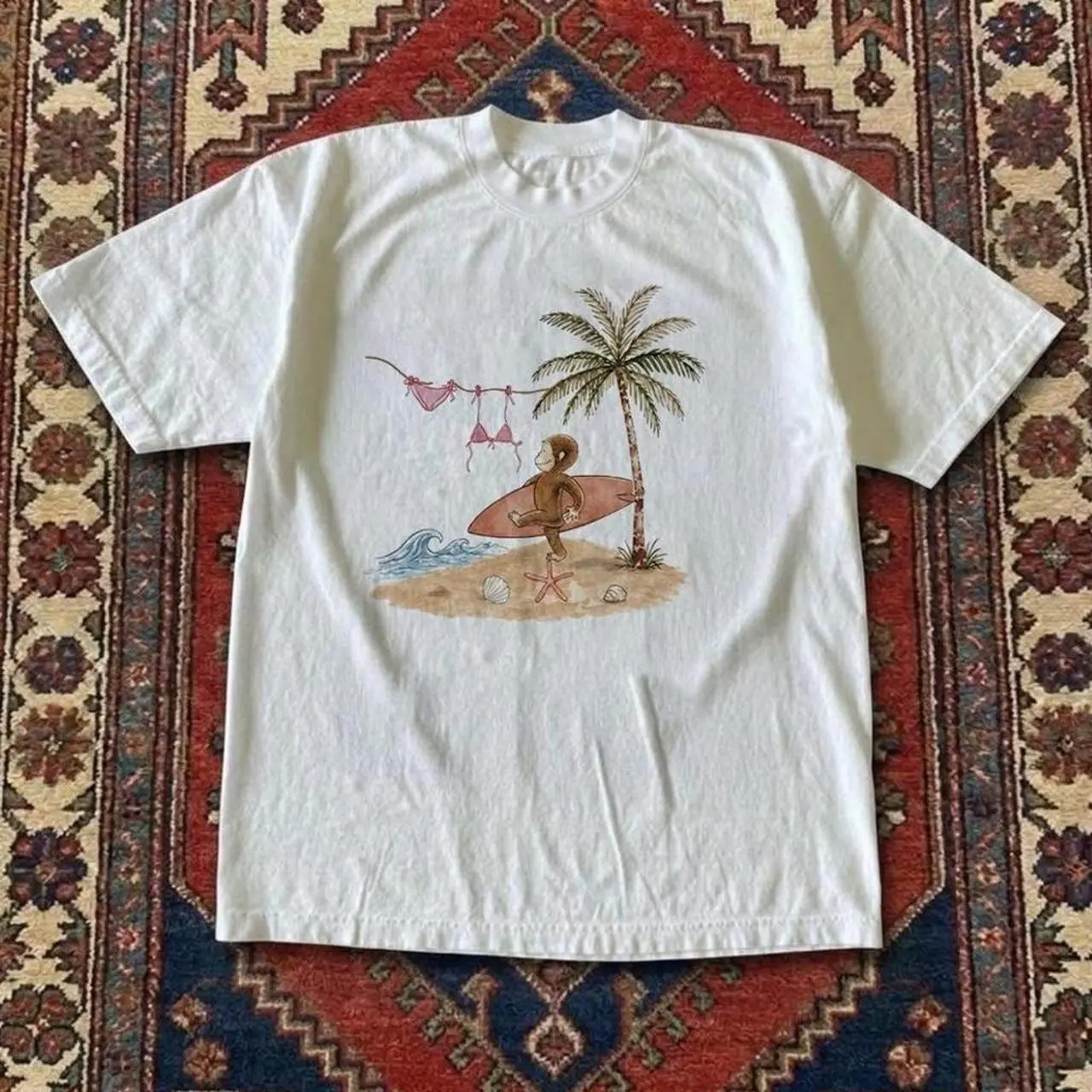Curious George Surfing white cotton t-shirt, 90s Graphic Shirt, Vintage Retro Style, Gift for Women