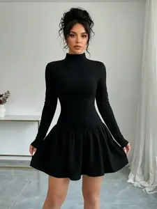 Elegant Fitted Women's Thanksgiving Halloween Party Dress, Colorblock Ruffle Hem, Short Sleeve, Fall & Winter Fashion B0018