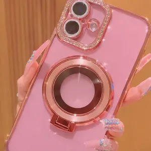 Luxury Magnetic Glitter Mag Safe Phone Case with Rose Gold Ring Holder and Sparkling Design for iPhone