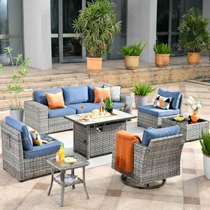 POUUIN Modern 9-Piece Modular PE Wicker Outdoor Patio Sectional Conversation Set with UV-Resistant Wide-Arm Swivel Chairs, Multiple Seats, Woven Texture, and Large Firepit Table