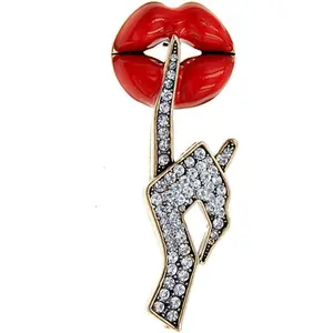 Sexy Red Lips Brooch Rhinestone Quiet Gestures Statement Brooches Lapel Pins Elegant Dress Accessories Suit Tie Art Deco Fashion Cubic Zirconia Jewelry Lover Gift for Women Girls
