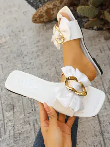 Elegant Satin Bow Sandals, Square Toe Flat Metal Chain Slippers, Lightweight Comfortable Daily Commute Summer Women's Shoes