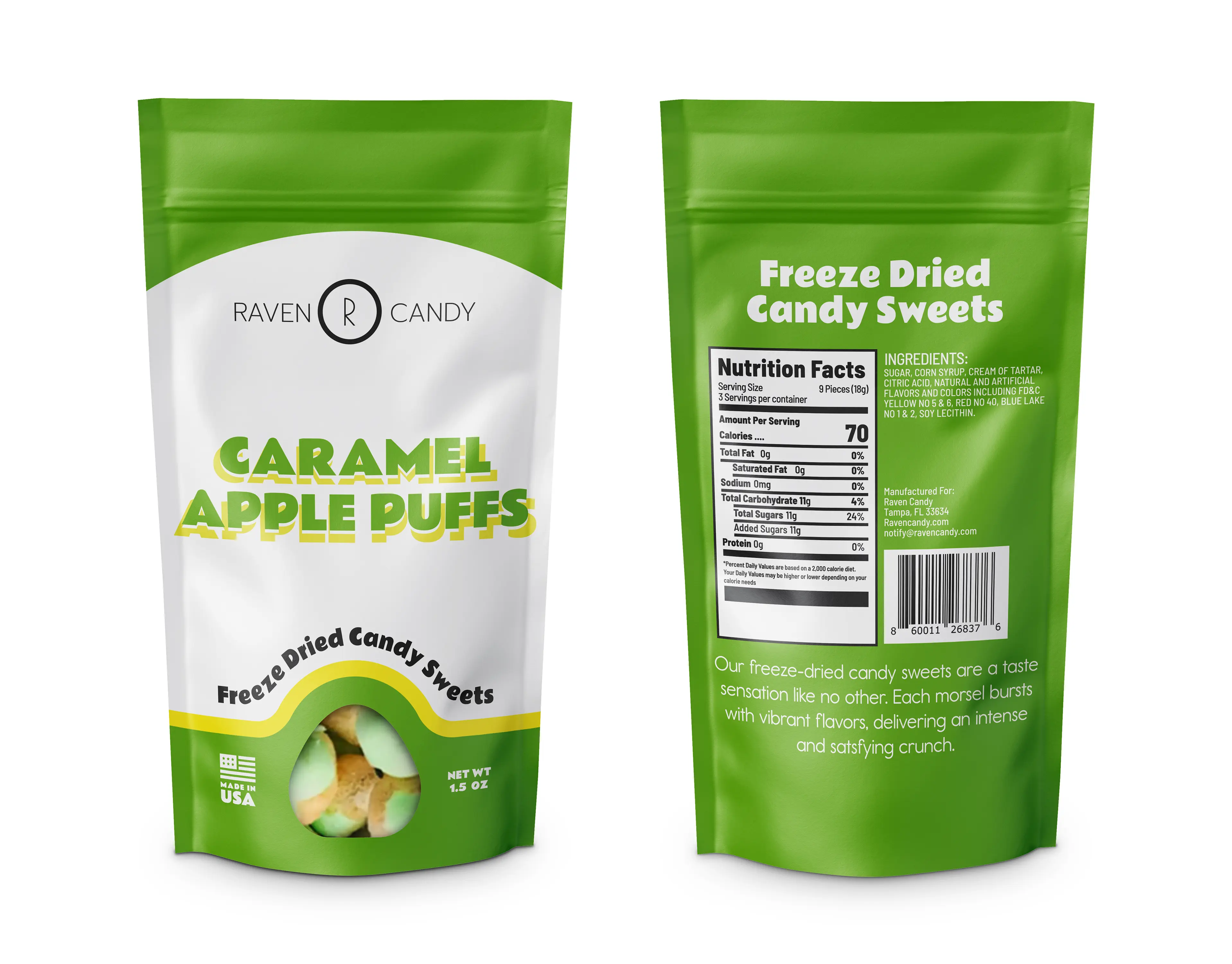 Raven Candy Caramel Apple Puffs Freeze Dried Candy 1.5 oz Sweet Snack