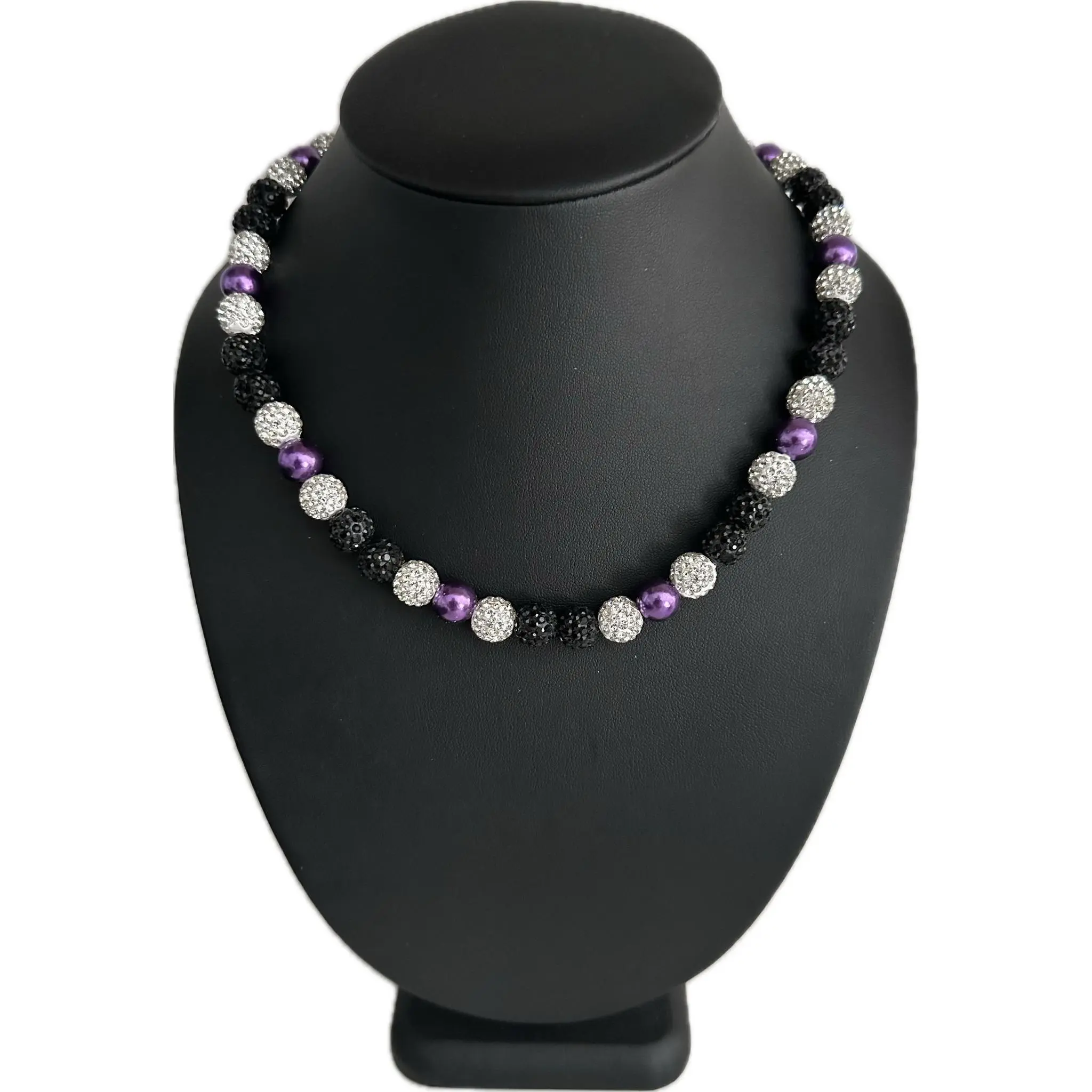 Iced Rhinestone Crystal Disco Ball Crystal Bead Baseball Necklace Purple Pearl Black White