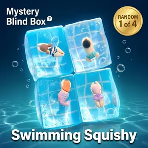 Squishy Blind Box Toy - 1 Random Style Swimming Ice Cube Stress Relief Squeeze Toy with Mini Swimmer Figure Inside, Mystery Collectible Fidget Sensory Gift for Kids Adults butter clicker petlovers