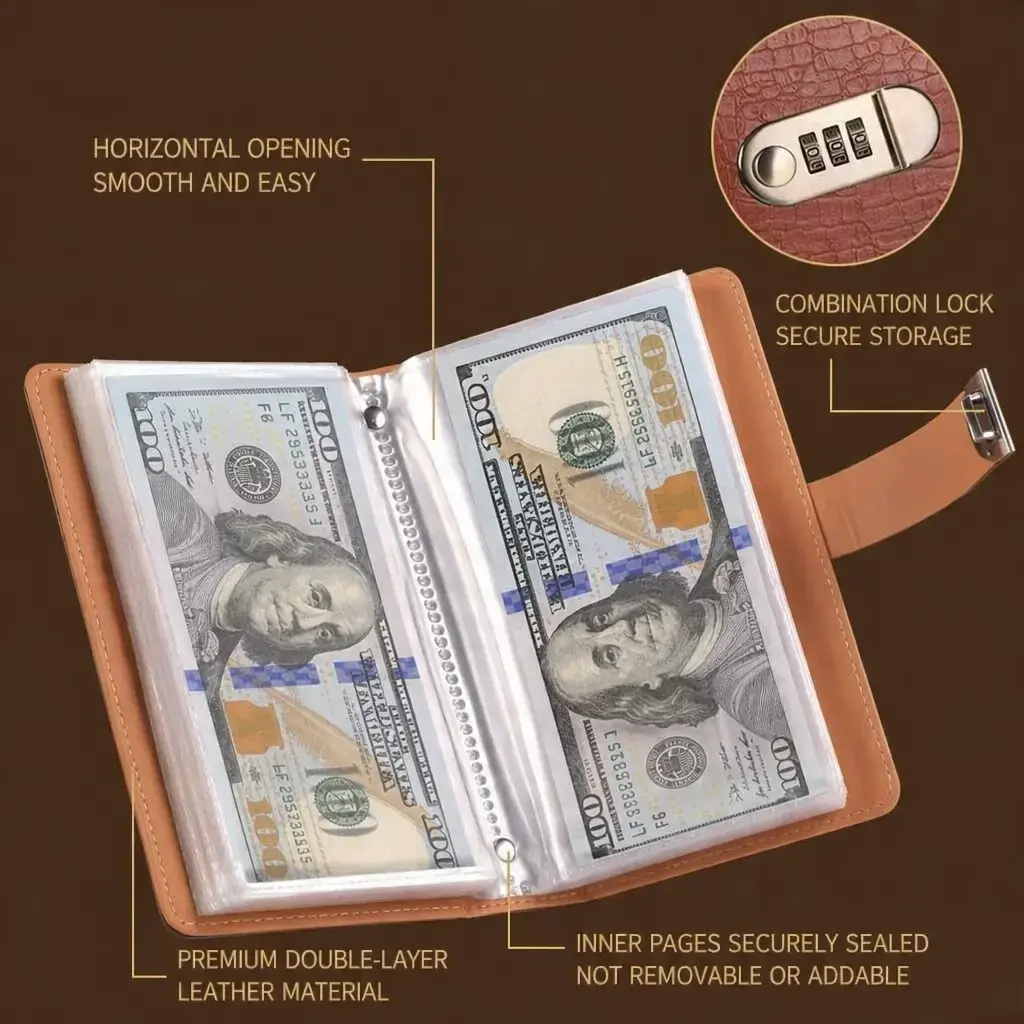 A6 PU Leather Binder Savings Notebook, Large Capacity with 3-Digit Resettable Password Lock, Secure Durable Office Binder for Storing Money and Important Documents
