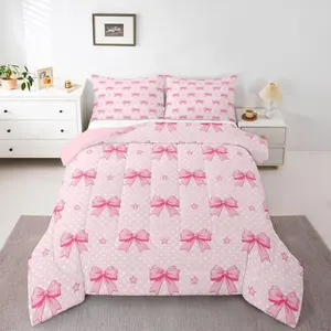 Bowknot Comforter Set All Season Polka Dots Bedding Set s Pink Bow Microfiber Kids Bedclothes Dreamy Princess Style Bedroom Decor Duvet Quilt Breathable Soft