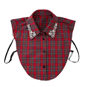 Women's Detachable Fake Plaid Rhinestone Collar Half-Shirt Blouse Sparkling False Collar for Dresses Red Plaid Design Elegant