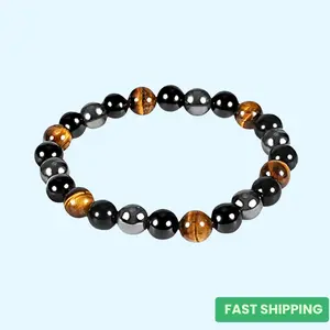 Triple Protection Crystal Bracelet Stack – Tiger Eye, Black Obsidian & Hematite | Unisex Healing Energy Bracelet for Luck, Balance & Protection | Natural Crystal Gem Gift for Men & Women