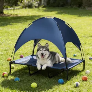 Portable Elevated Dog Cot with Removable Canopy, Cooling Raised Dog Bed for Outdoor & Indoor Use, Breathable Mesh Pet Bed for Small Medium Large Dogs, Sun Shelter for Camping, Backyard, Beach & Travel