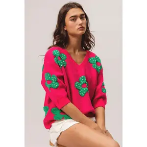 BiBi Pearl Beads Flowers Sweater Top