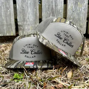 Livin' Off That Blue Collar Dollar Embroidered 7 Panel Snapback Trucker Hat – Brown Khaki White Black Camo, Cotton Mesh Back, Hunting & Outdoor Hat for Men, Stylish & Durable Workwear Cap