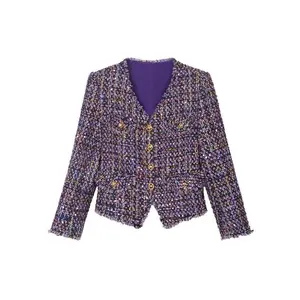 Women's Plaid Print V Neck Tweed Jacket, Elegant Casual Hand-drawn Combed Tweed Outerwear for Spring & Fall, Ladies Clothes for Daily Wear, Coats