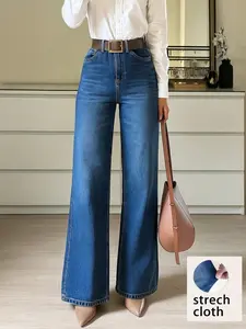 Women's Elastic Denim Fabric Fitted Button Jeans Long Pants, Womenswear Fashionable Aesthetic Wide Leg Comfortable Trendy Pairing, Elegant Women's Long Pants for Stylish Trouser Matching