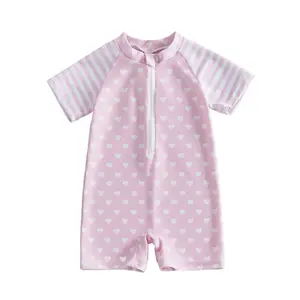 Baby Girl Zip Front Swimsuit - Toddler Short Sleeve Rashguard,  Swimwear with Dot Print / Heart Print For 0-4 Years