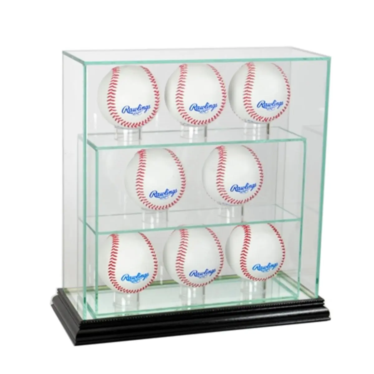 212 MAIN All-Glass 8-Upright Black Display Case with Real Wood Support, Home Organizer for Baseball Storage