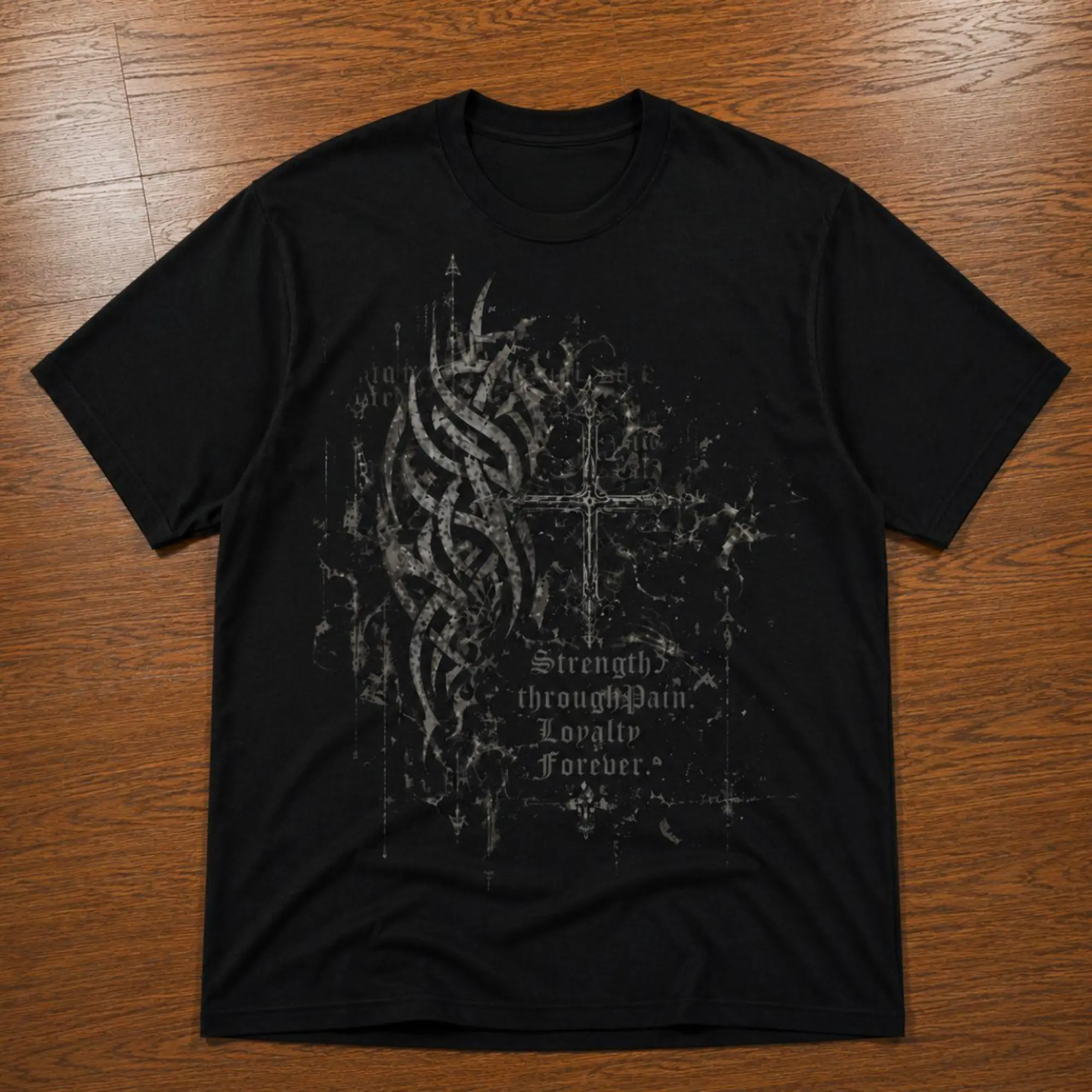 Vintage Tribal Cross Sigilism Strength Through Pain T-Shirt - Retro Dark Aesthetic Loyalty Forever Tee, Y2K Grunge Rock Shirt, Graphic T-Shirt 100% Cotton, Unisex Shirt Menswear Womenswear Streetwear Cotton Comfort