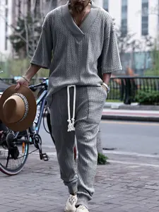 Men's Plain 3/4 Sleeve Tee & Pants Two-piece Set, Casual Fashion Cozy V Neck T-shirt & Trousers for Daily Outdoor Wear, Men Clothes for Spring