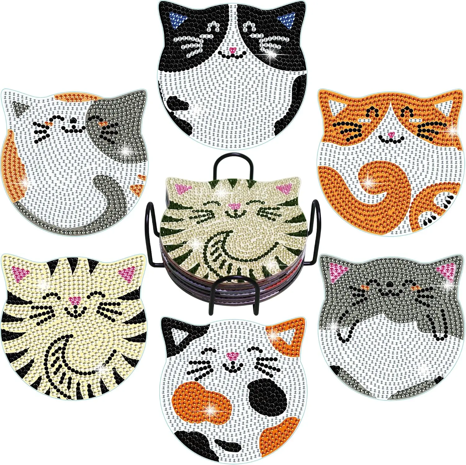 6 Pcs Cat Diamond Art Coasters Kit for Adults | Diamond Painting Coasters with Holder & Protective Backing, Diamond Art Adult Crafts for Table Home Decoration