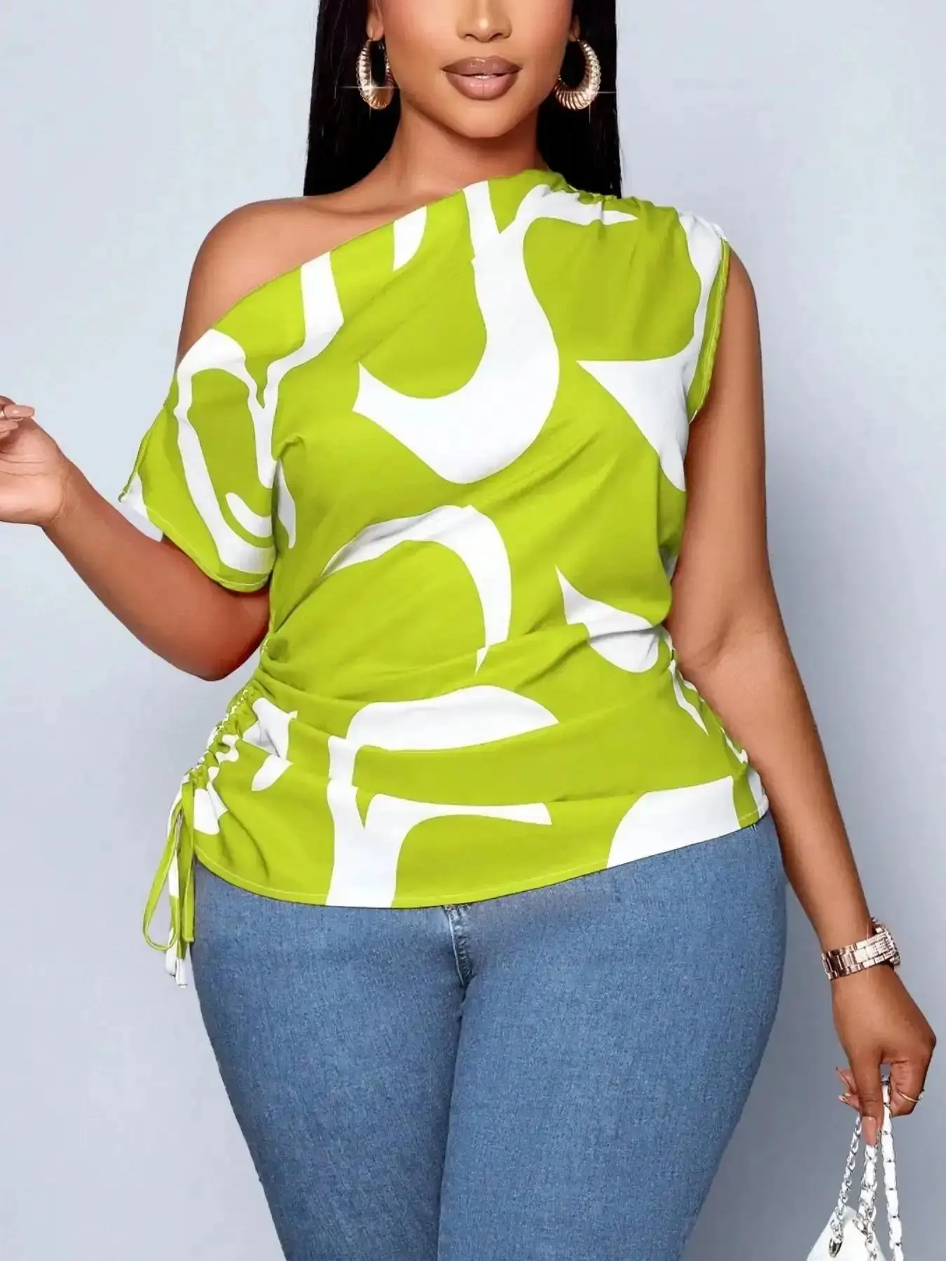 Effortless 2026 Summer New Fashion Elegant Trendy Casual Fitted Geometric Print Asymmetrical Shoulder Drawstring Short Plus Size Women's Clothing Blouse Tops Shirts Matching Set, Top Quality, Sunny Days, Multipurpose