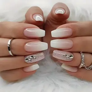 24pcs Medium Square Press-On Nails, Glossy Finish, Gradient Glitter, Pure Rhinestones, Fake Nail Tips, Single Item Pack