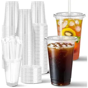 100 Sets- 20 oz Clear Plastic Cups with Lids and Straws, Disposable To Go Cups for Cold Drinks, Coffee Bar Accessories, Iced Coffee, Smoothies