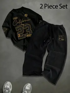 Men's Fashion Casual Two-Piece Set Outfit, Chicago 23 Graphic Print Regular T-Shirt and Drawstring Long Pants, Summer Loose Fit Short Sleeve Tee Clothes