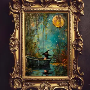 Dark Cottagecore, Witchy Printing, Witch in a Moonlit Tub, Dark Magical Art, Witchycore, Gothcore Vintage Print, Enchanted Forest Decor, Room Decor, Unframed