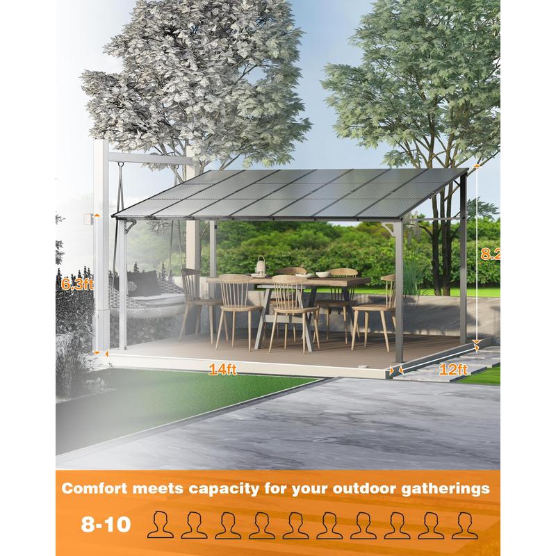 GARVEE 12x14FT Lean to Gazebo, Hardtop Wall Pergola with Polycarbonate Roof, Aluminum Frame Mounted Gazebo for Lawn Patio Deck Yard Party