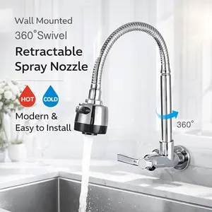 Wall-Mounted Pull-Down Faucet with 360° Swivel Spout and High Splash-Resistant Spray — Heavy-Duty Metal Modern Sink Faucet, Suitable for Kitchen, Bathroom, and Balcony Sinks — Easy Installation (Compatible with Sinks; Not Suitable for Bathtubs)