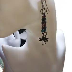 Genuine Kingman Arizona Turquoise Earrings with Copper Spacers and Dragonfly Dangle for Women