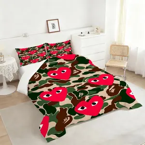 2/3Pcs Trendy Camouflage Heart Comforter Set, Stylish Beige Green Brown Bedding Set with Playful Red Hearts, Cozy and Modern Bedroom Décor, Perfect for Youth and Teen Rooms!1 or 2 Pillowcase No Pillow Core