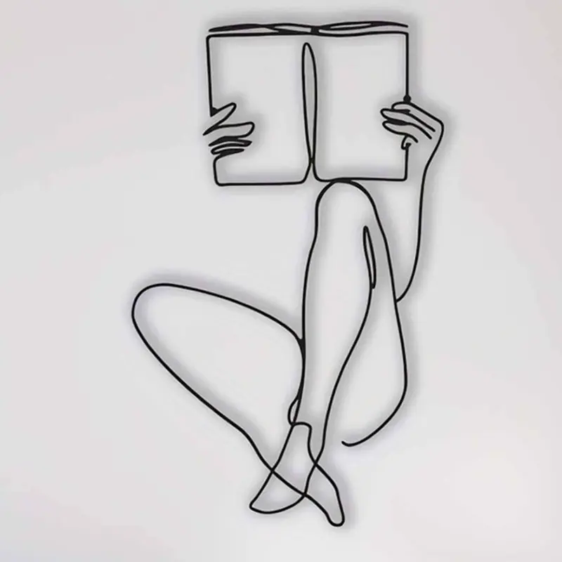 Metal Line Art Woman Reading a Book Wall Decor, Cool Wall Art, Modern Art Decoration, Minimalist Creative Decor, Wall Hanging for Home Living Room and Bedroom