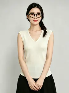 Japanese V-neck flying sleeve knitted vest, summer elegant top, knitted micro elastic slim fit, suitable for commuting/daily/layering