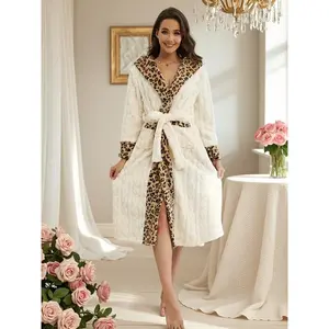 Women's Winter Plush Bathrobe, Leopard Print Patchwork Design, High-End Belted Sleepwear, Casual & Sexy Hooded Pockets Robe