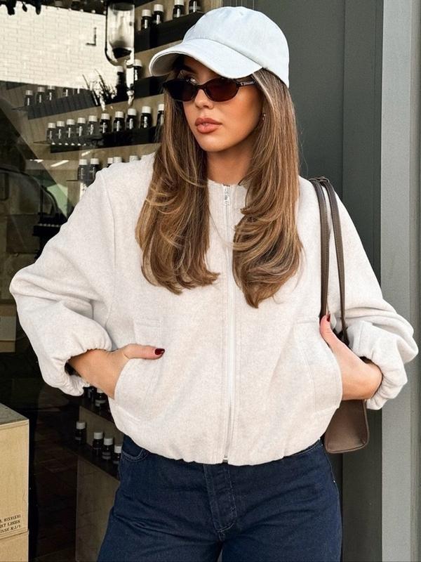 Women's New Oversized Bubble Sleeve Jacket, Zipper Bomber Jacket, Soft Casual Streetwear, Fashion Pilot Jacket, Spring & Fall Outerwear