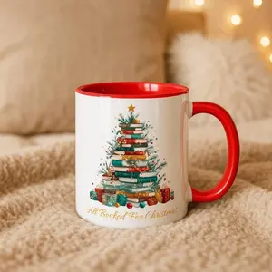 [Sale Up To 50%] All Booked For Christmas Stacked Book Christmas Tree Mug | Accent Coffee Mug - Winter Reading Mug, Book Lover Gift, Bookish Holiday Mug, 11oz ceramic accent mug