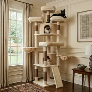 Deskat F80H Inch Cat Tree for Large Cats, Two Condos, Hammocks, with Sisal Posts
