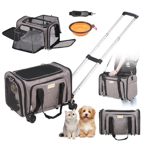 【Summerfinds】VEVOR Airline-Approved Rolling Pet Carrier with Wheels, Telescopic Handle, Shoulder Strap, Zipper, Fabric, Hook-and-Loop, 1 Folding Bowl, 17.5x11.2x11.4 in, Convertible to Carrier Backpack for Cats & Dogs