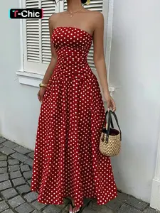 Casual Vacation Rose Red Polka Dot Bandeau Dress For Women Polka Dot Dress Women Women Vacation Dress Polkadot Dress Long Dress Summer Polka Dot Dress Strapless Dress Red Polka Dot Dress Womenswear