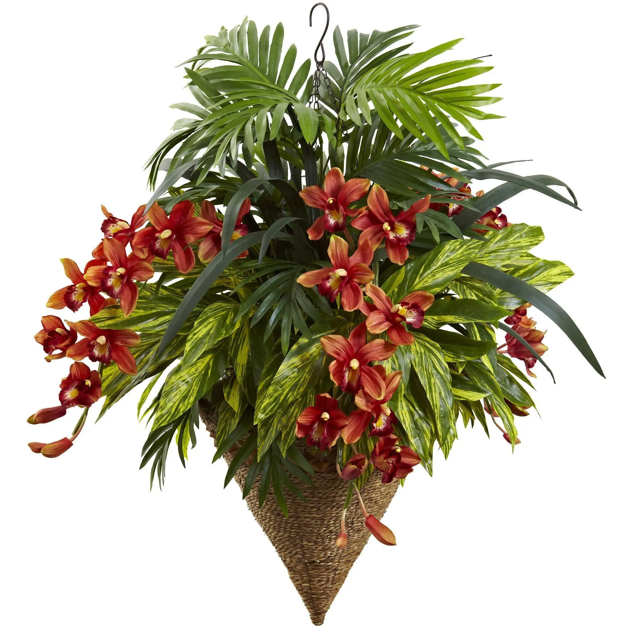 Hanging Plant Basket with Mixed Tropical-Cymbidum Plants - Cone-Shape Garden Planter for Screened-In Porch, Both Indoor/Outdoor Home Improvement Use